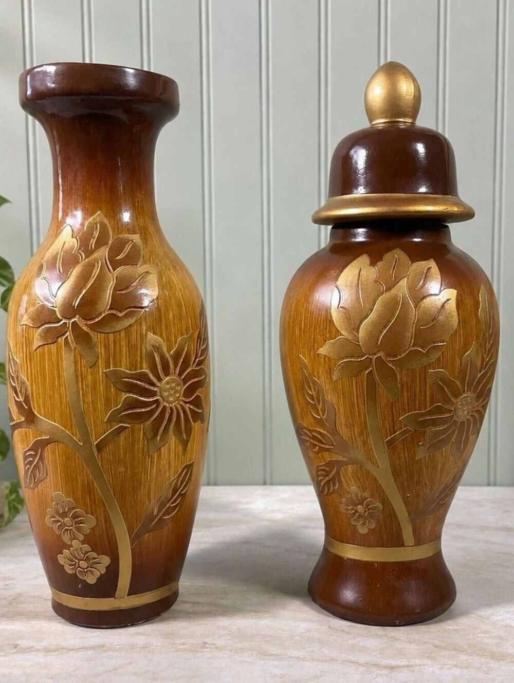 Vintage Floral Woodgrain Vase and Lidded Ginger Jar Set